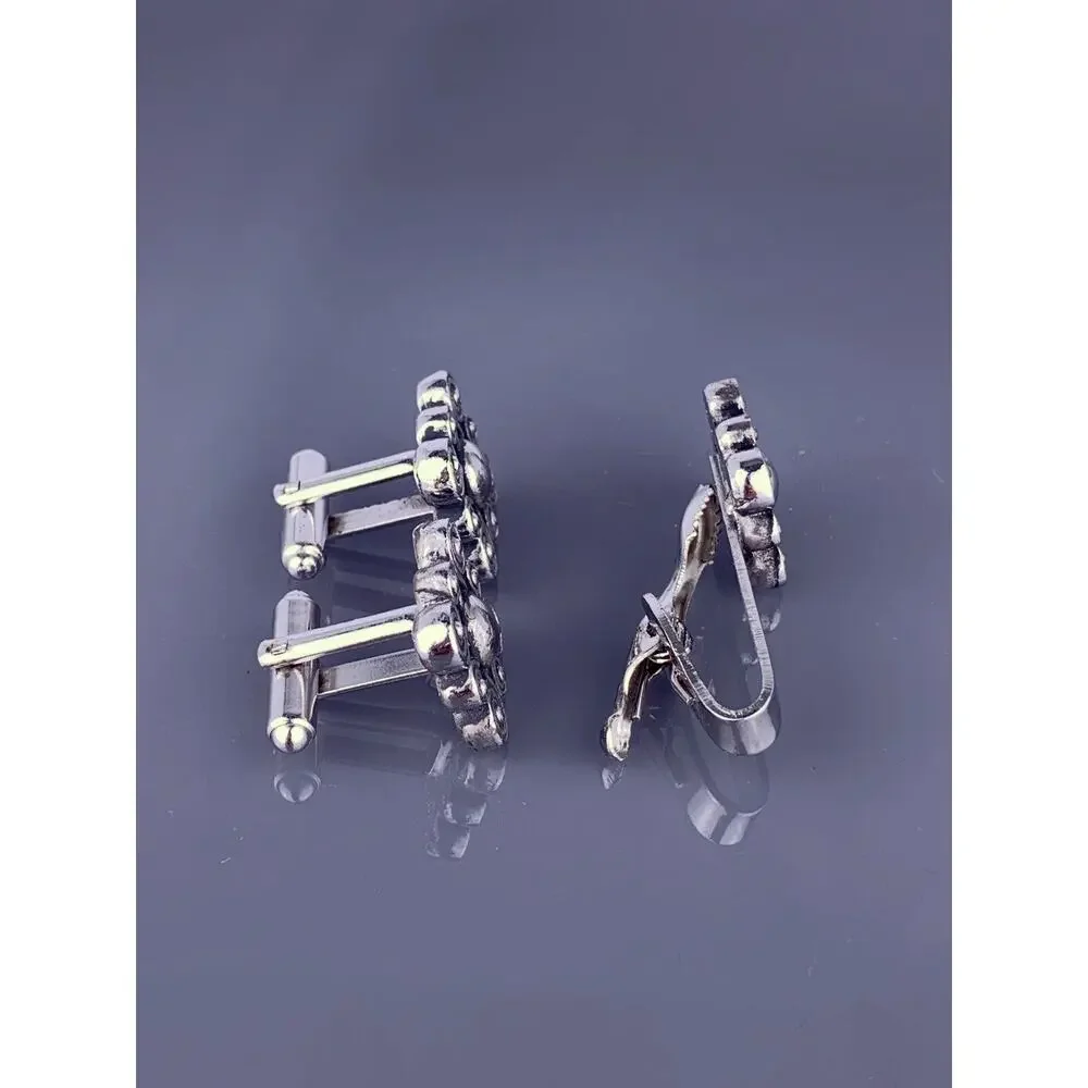 Swirl Spiral Silver Tone Cufflinks Tie Pin Square Scrolls Swoops Vintage